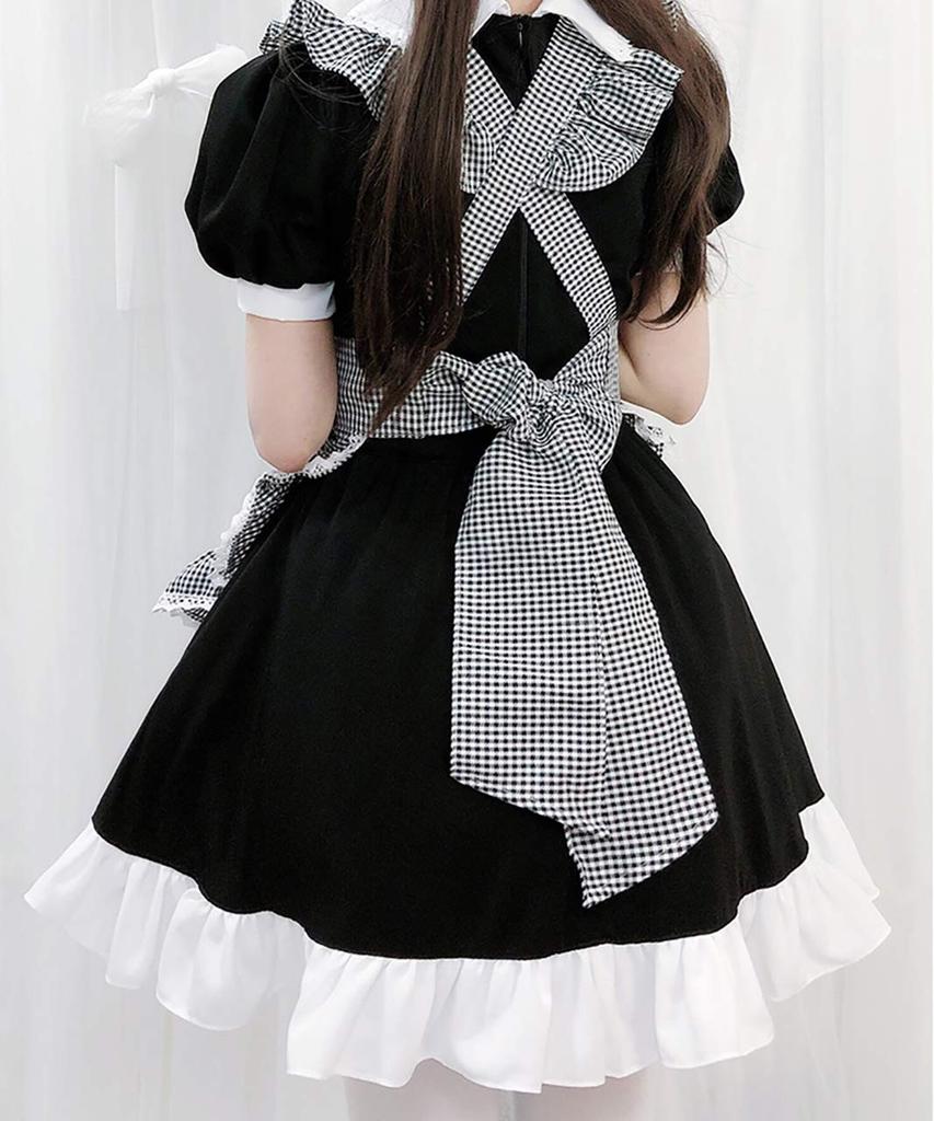 Milky Time Dámske Lolita Služobné Šaty s Mašľou, Volánmi, Zástrou a Kockovaným Vzorom, Cosplay Kostým (Veľkosť L)