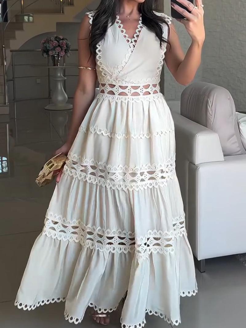 Women s V Neck Sleeveless Midi A Line Dress Loose Tiered Hollow Lace Scalloped Trim Solid French Elegant Summer Vacation Long Dress S белый