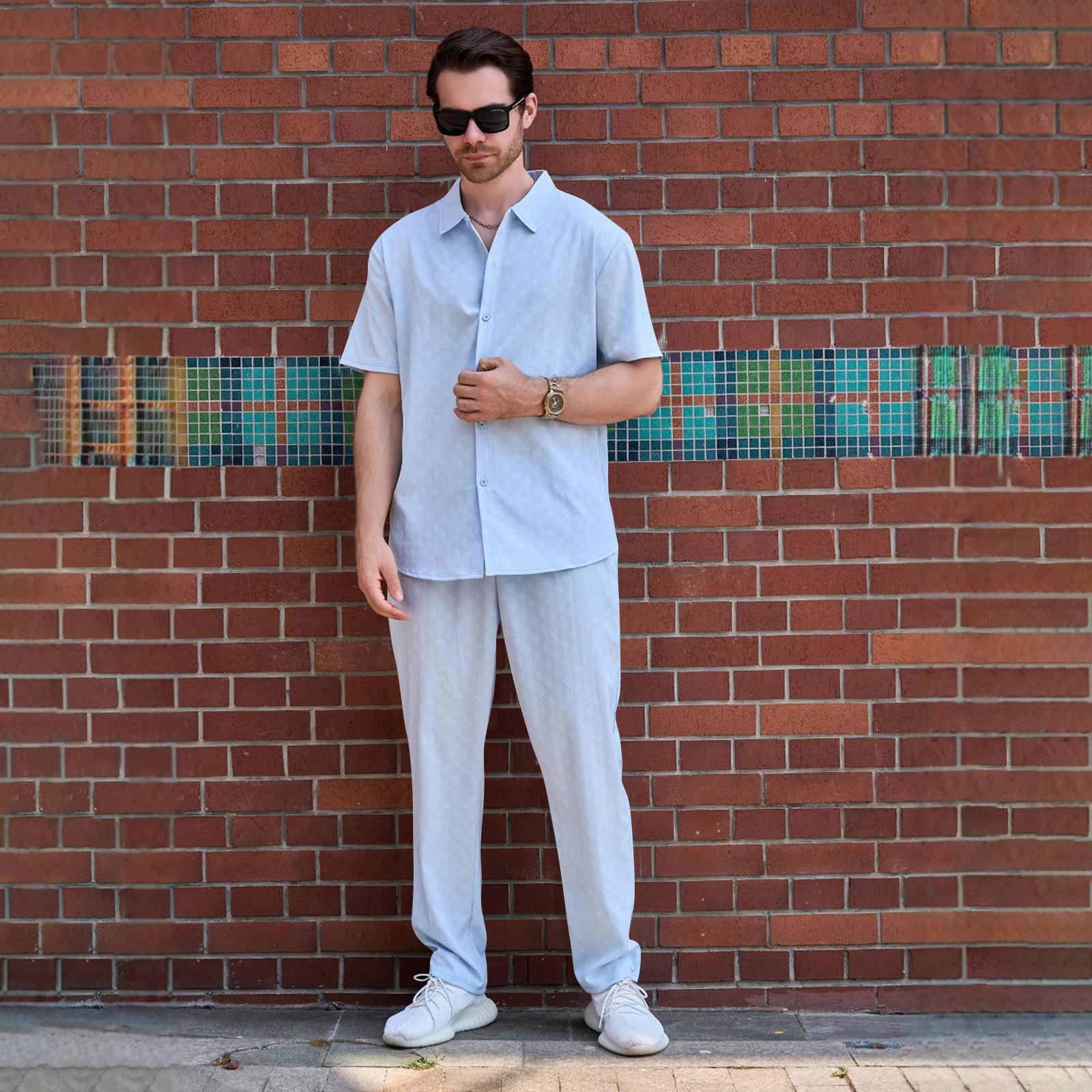 

Летний мужской кардиган с коротким рукавом, брюки, однотонный, уличный, повседневный комплект рубашки M