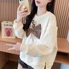 Women Korean Fashion 3D Flower Bow Sweet Chic Sweatshirt Casual Streetwear Y2K Hoodie Round Neck Long Sleeve Loose Pullover Tops