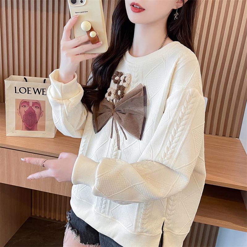 Women Korean Fashion 3D Flower Bow Sweet Chic Sweatshirt Casual Streetwear Y2K Hoodie Round Neck Long Sleeve Loose Pullover Tops