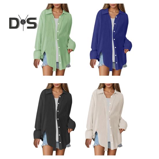 Cămașă Damă Rever Mânecă Lungă Plachetă cu Nasturi Topuri Cămașă Culoare Solidă Croială Lejeră Îngrijire Ușoară Cămașă Șifonată