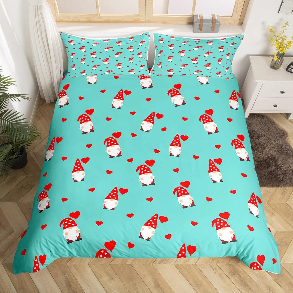 Valentines Day King Duvet Cover Romantic Bedding Set Kawaii Couple Gnome Comforter Cover Pink Rose Hearts Polyester Quilt Cover