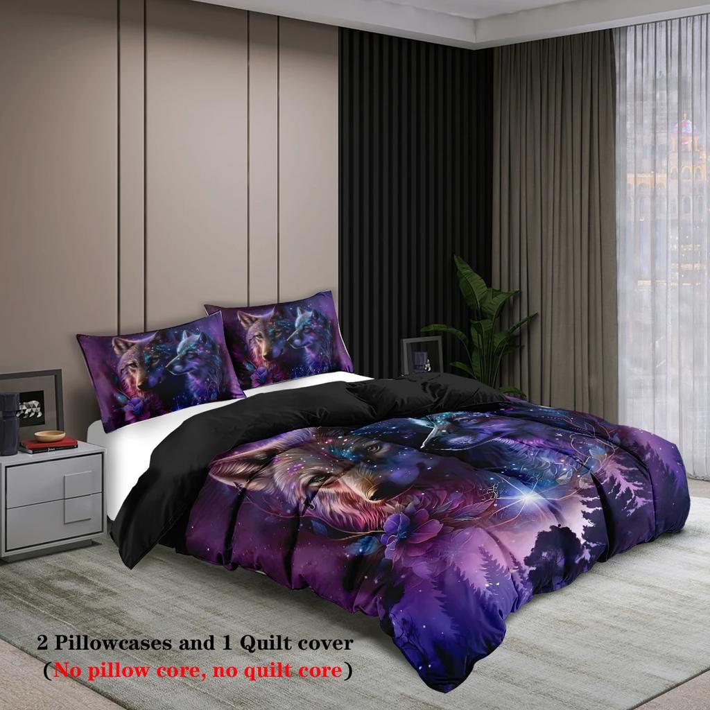 3pcs Wolf at night pattern printed bedding set, 1*duvet cover+2*pillowcase, suitable for king bed, single bed for all seasons