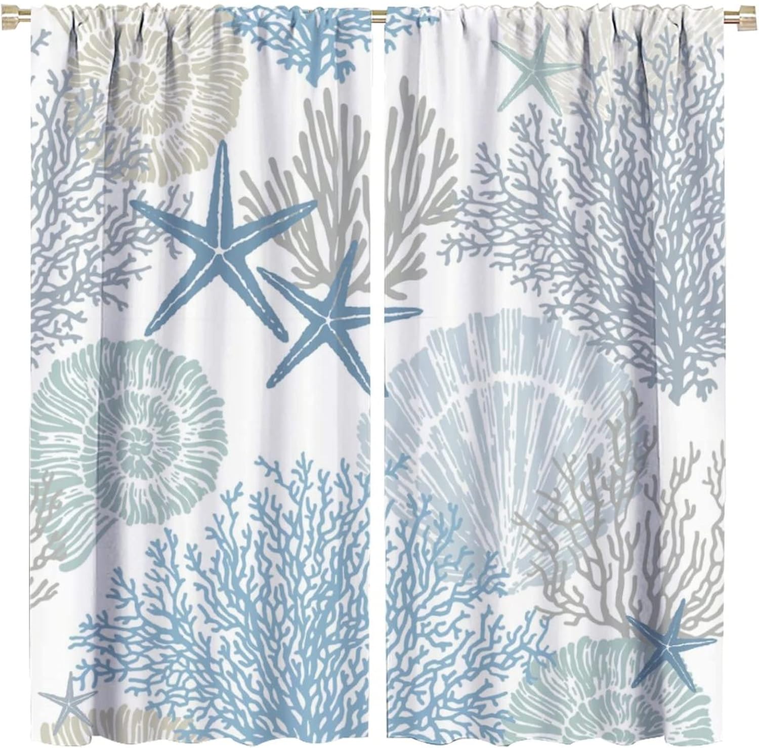 Vintage Nautical Coastal Rod Pocket Blackout Curta,Thermal Insulated Room Darkening Watercolor Beach Nautical Theme Starfish 53x116CM-2PC