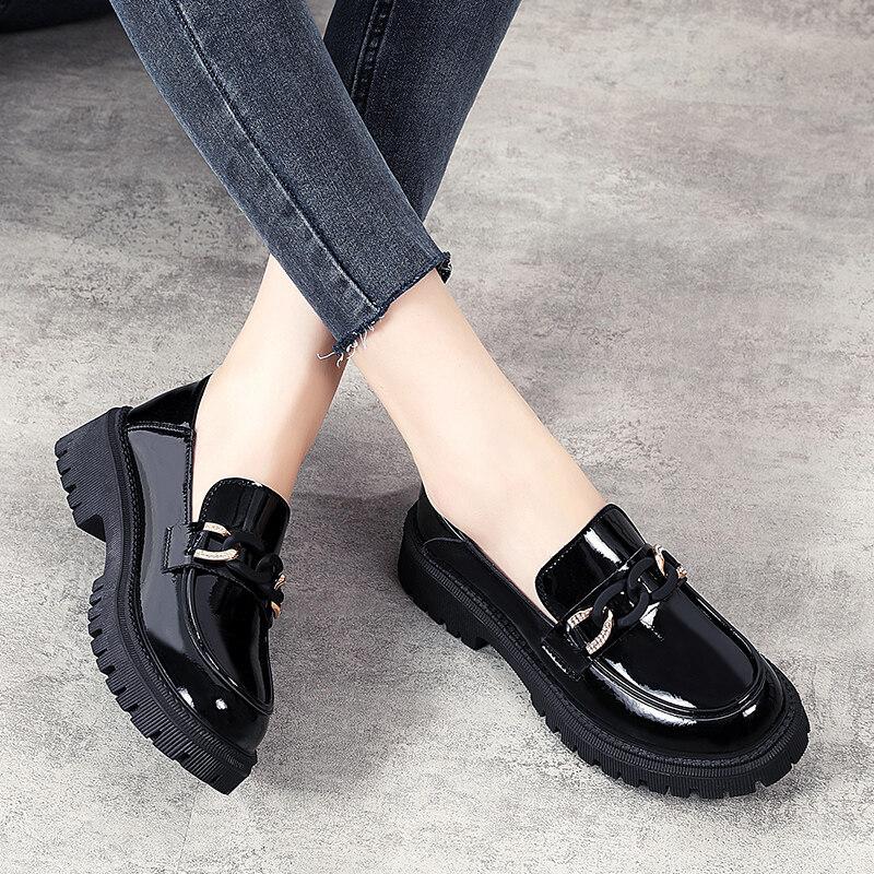 Dam Loafers Plattform Chunky Lady Summer Casual svarta läderskor