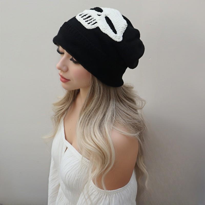 Handmade Crochet Ghost Face Hat Halloween Funny Skull Glow In Dark Beanie Unisex Warm Winter