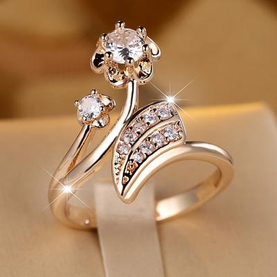 Luxury White Zircon Flower Leaf Rings For Women Girls Gold Color Wedding Engagement Jewelry