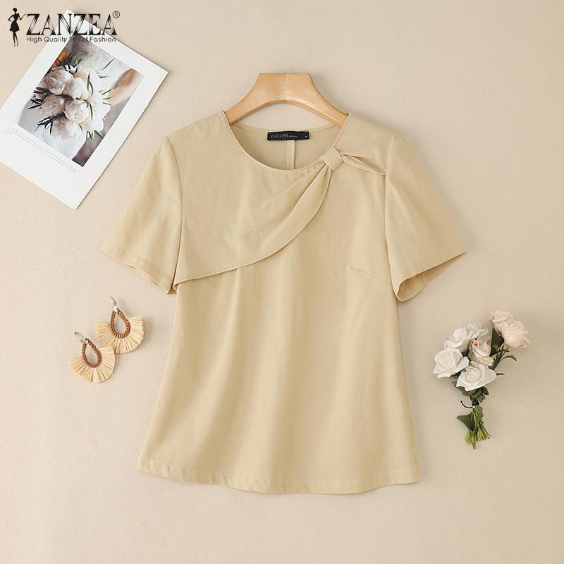 ZANZEA Women Casual Round Neck Loose Summer Cotton Short Sleeve Blouse