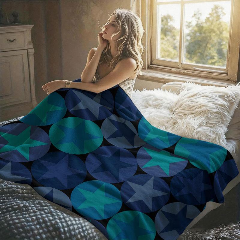 Blue Star Circles Flannel Blanket Warm Soft Halloween Christmas Decorative Couch Warm Cozy All-Season Gift