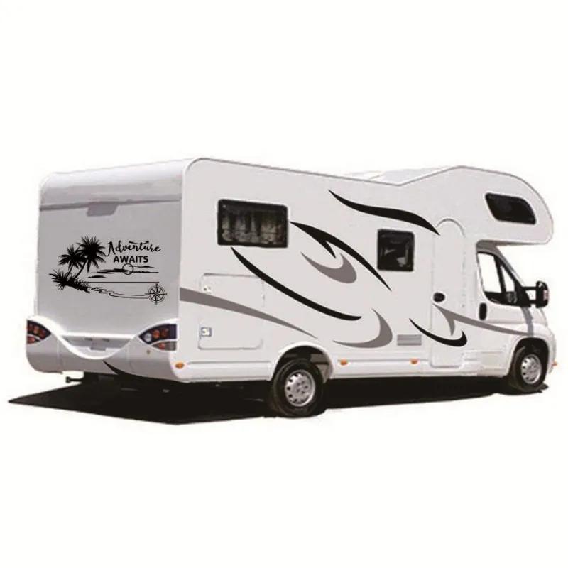 Stripes Graphics (Two side)+Back Body Coconut Tree Style Vinyl Graphics Kit Decals Car Stickers for Caravan Travel Trailer Camper Van