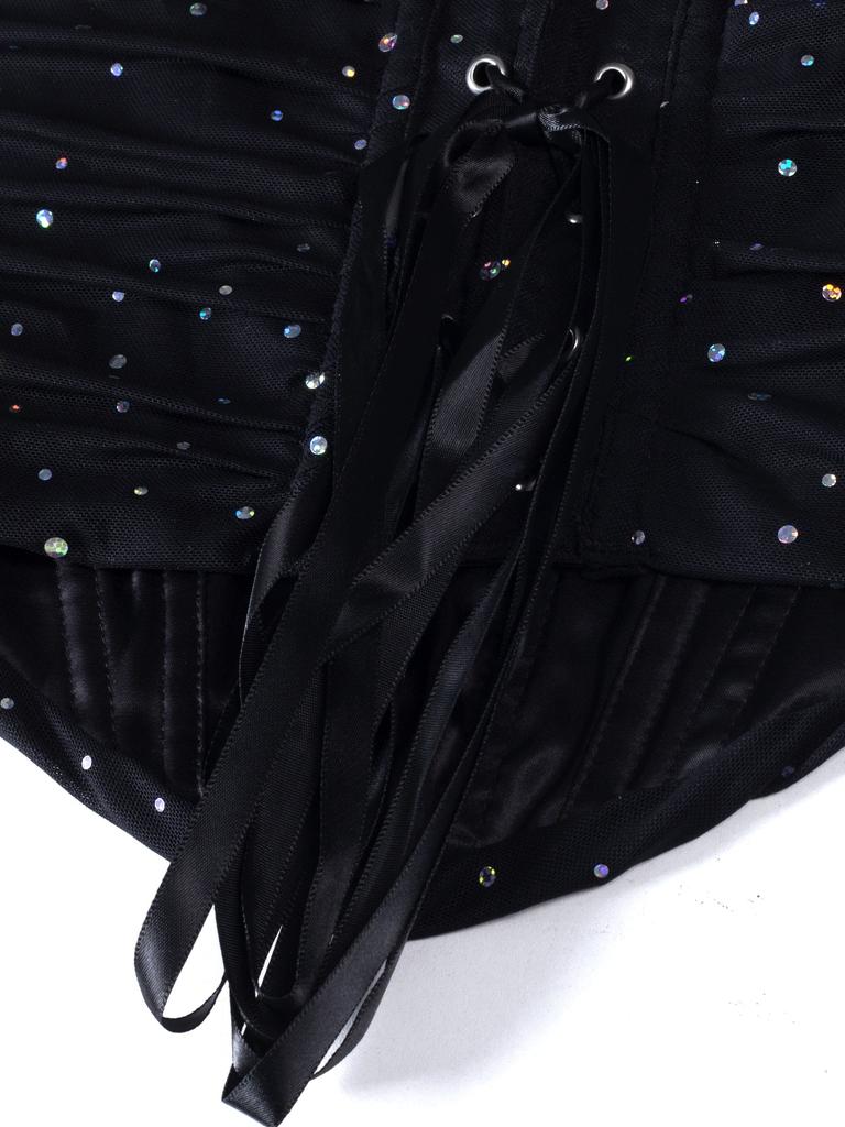 Rose Beauty A Rave Valentine's Day Elegant Sparkling Sequin Decor Fishbone Detail Grommet Lace Up Back Overbust Corset Shapewear Party Crop Tube Top