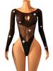 Rhinestone Sexy Lingerie For Women Sexy See Through Mesh Long Sleeve Bodysuit Waist & Back Hollow Out Detail Club Party Outfit
