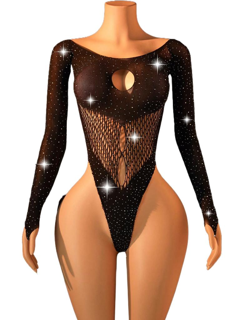 Rhinestone Sexy Lingerie For Women Sexy See Through Mesh Long Sleeve Bodysuit Waist & Back Hollow Out Detail Club Party Outfit
