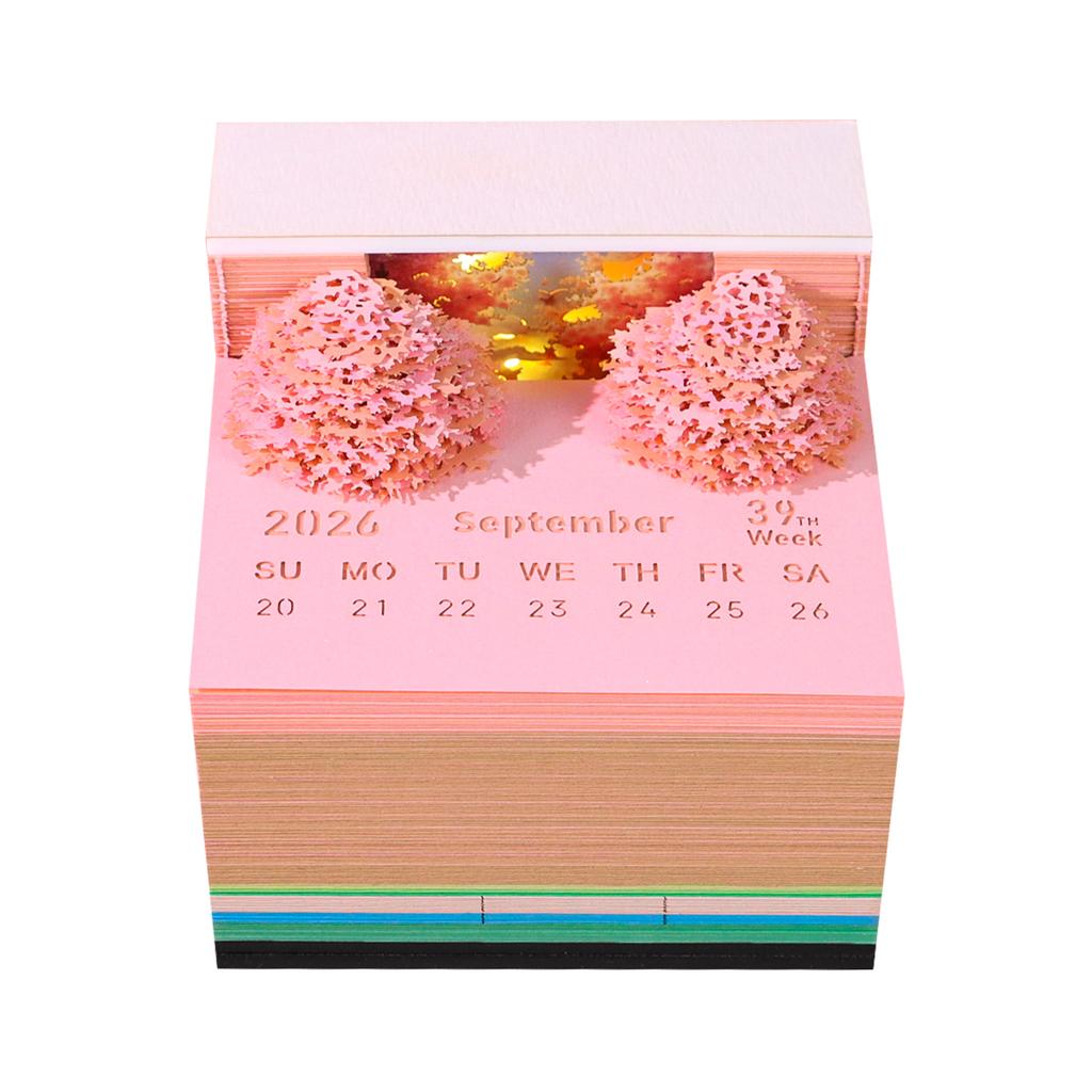 Peach Blossom Forest 3D Creative Gift Precut Paper Cards Cube with LED Light and Weekly Calendar Romantic Pink Desk Ornament
