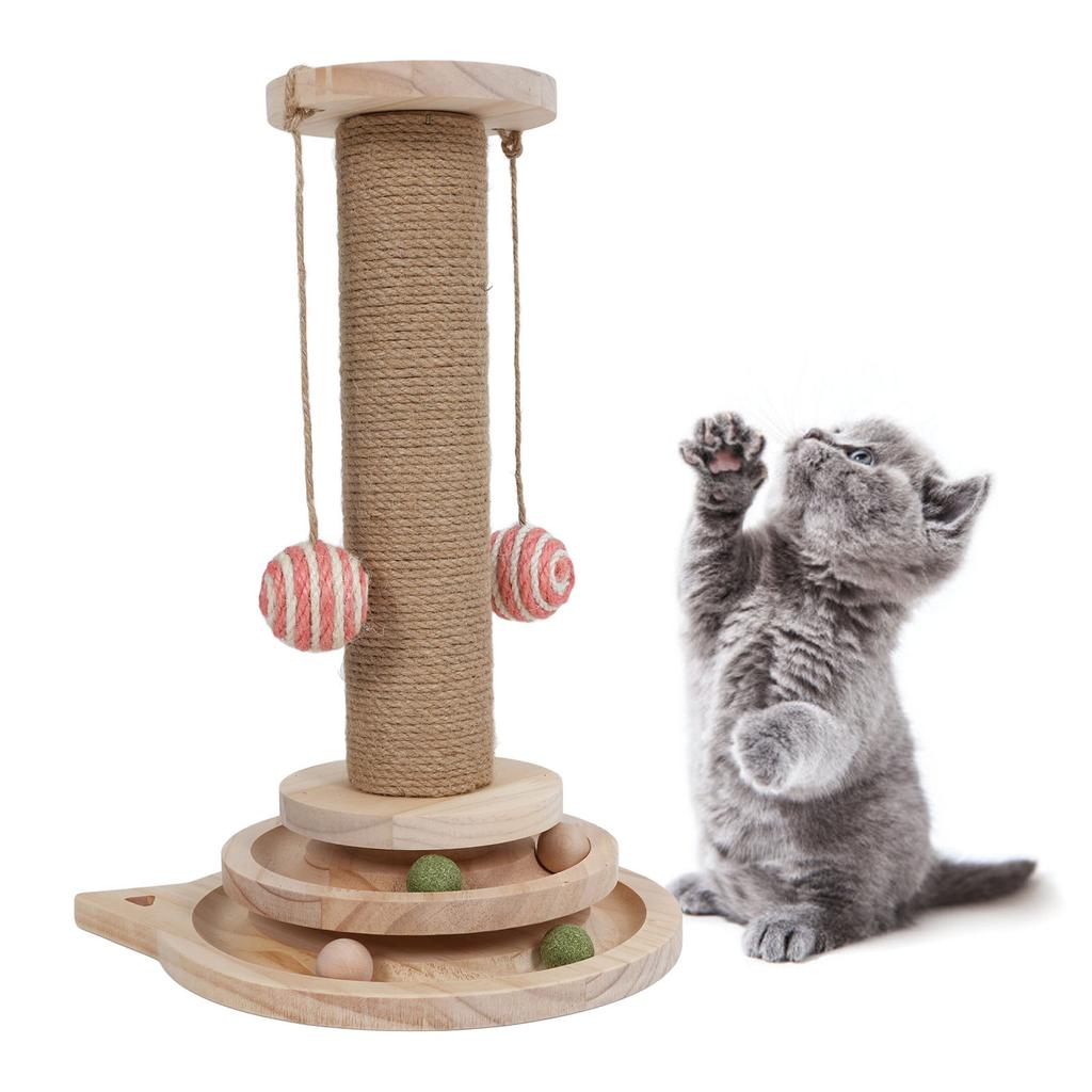 Cat Scratching Post Wooden Interactive Reduce Boredom Promote Exercise Turntable Ball Toy for Kitten