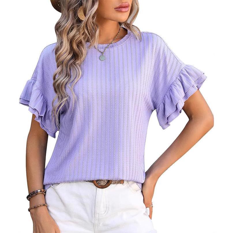Women's clothing European and American spring and summer new solid color round neck lotus leaf sleeve short sleeve T-shirt top