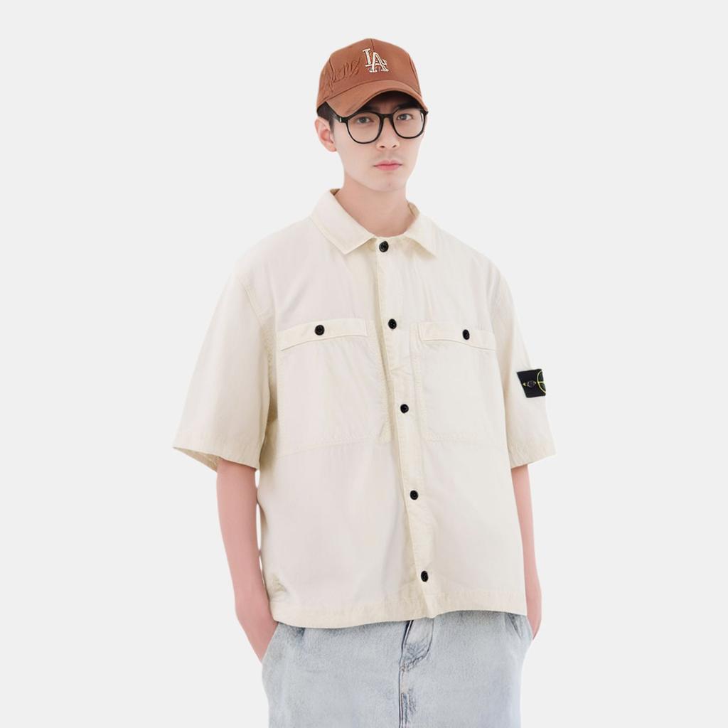 STONE ISLAND Ss25 Koszula Męska z Nadrukiem Logo, Dopasowana, Rękawy Raglanowe, Krótki Rękaw, Jasnobeżowa K1S151200029S00WN-V0195