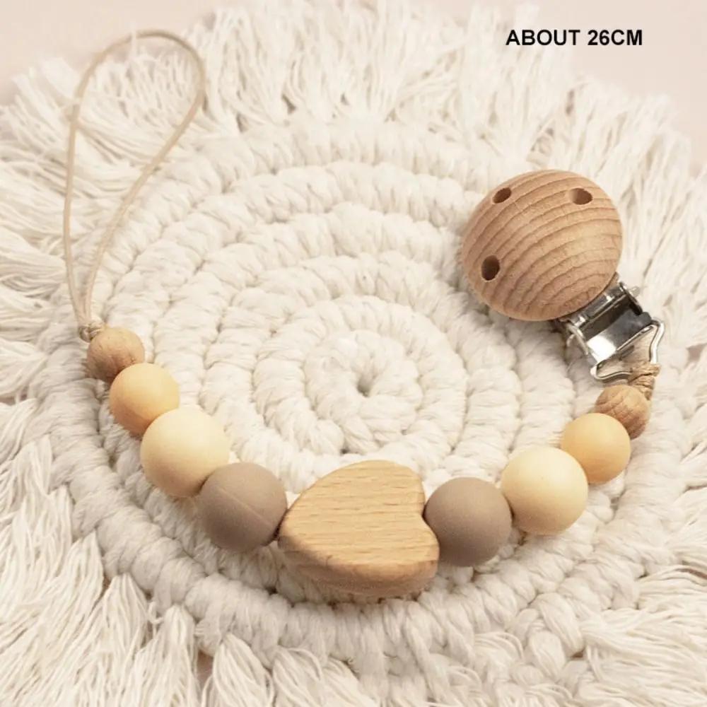 High Quality Silicone Pacifier Clips Lightweight Anti-drop Teether Teething Wooden Gift Pacifier Holder Chain Newborn
