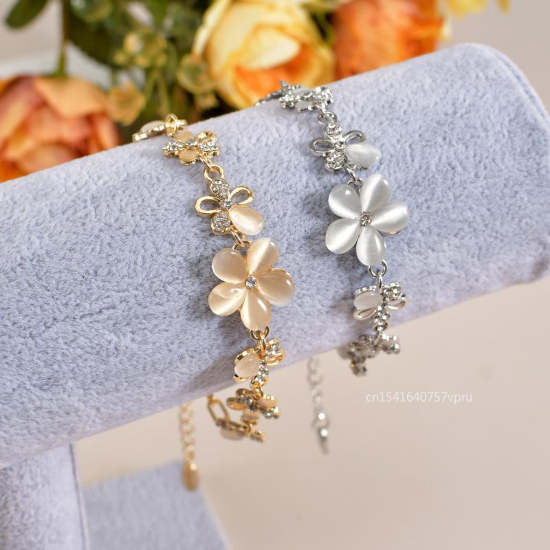 Charming Silvery/Gold Plated Women Pink Cat's Eye Opal Flower Chain Bracelet Gift For Women Girl