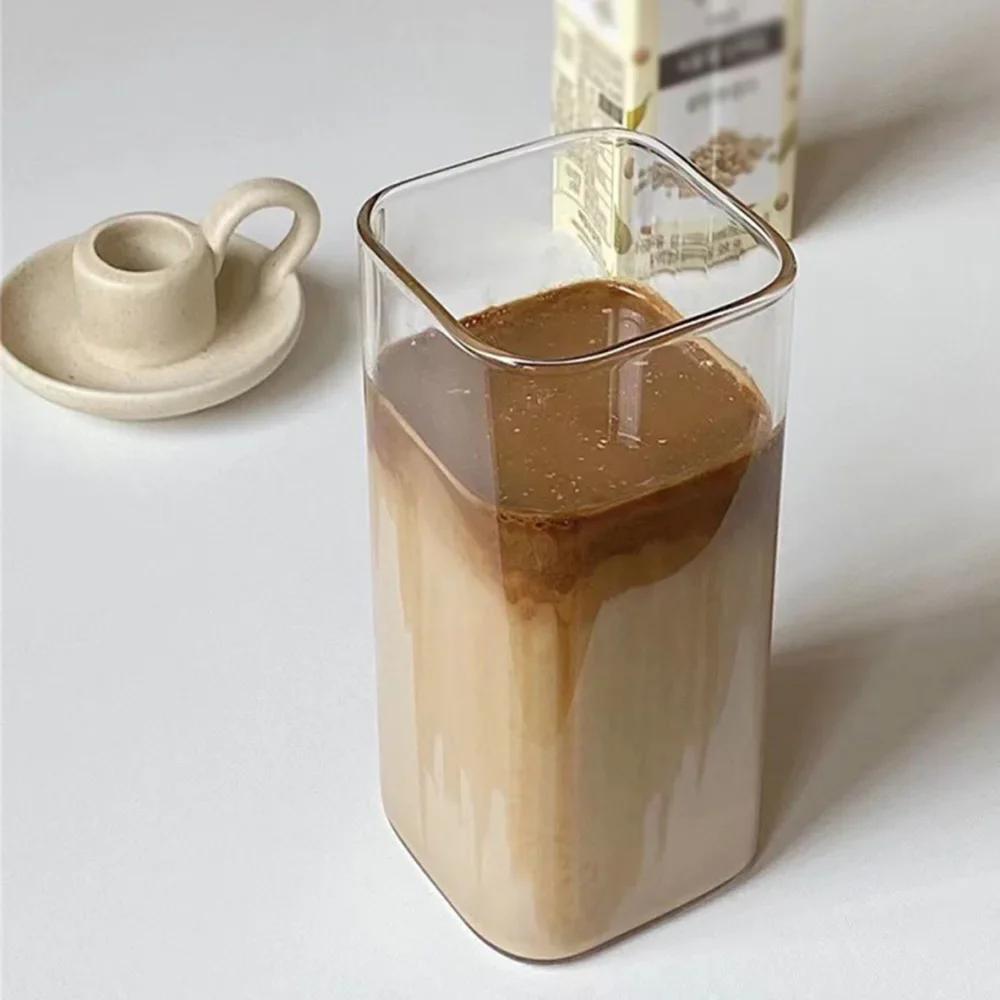 Square Heat Resistant Transparent Coffee Glass Mug Milk Tea Juice Glass Water Cup with Lid and Straw Coffee Cup Drink Mug
