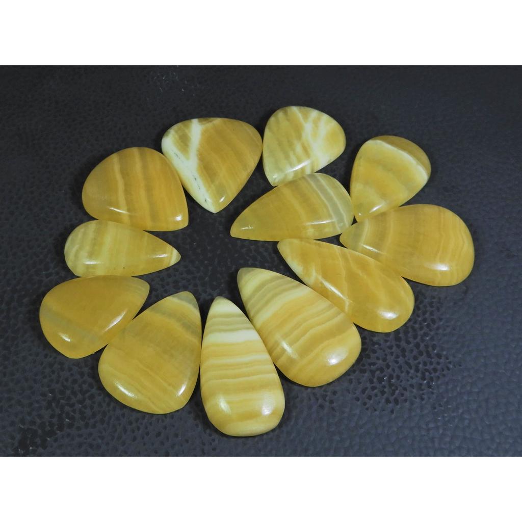 345Cts. Natural Yellow Lace Agate Pear Cabochon Loose Gemstone 12Pcs Lot C-238