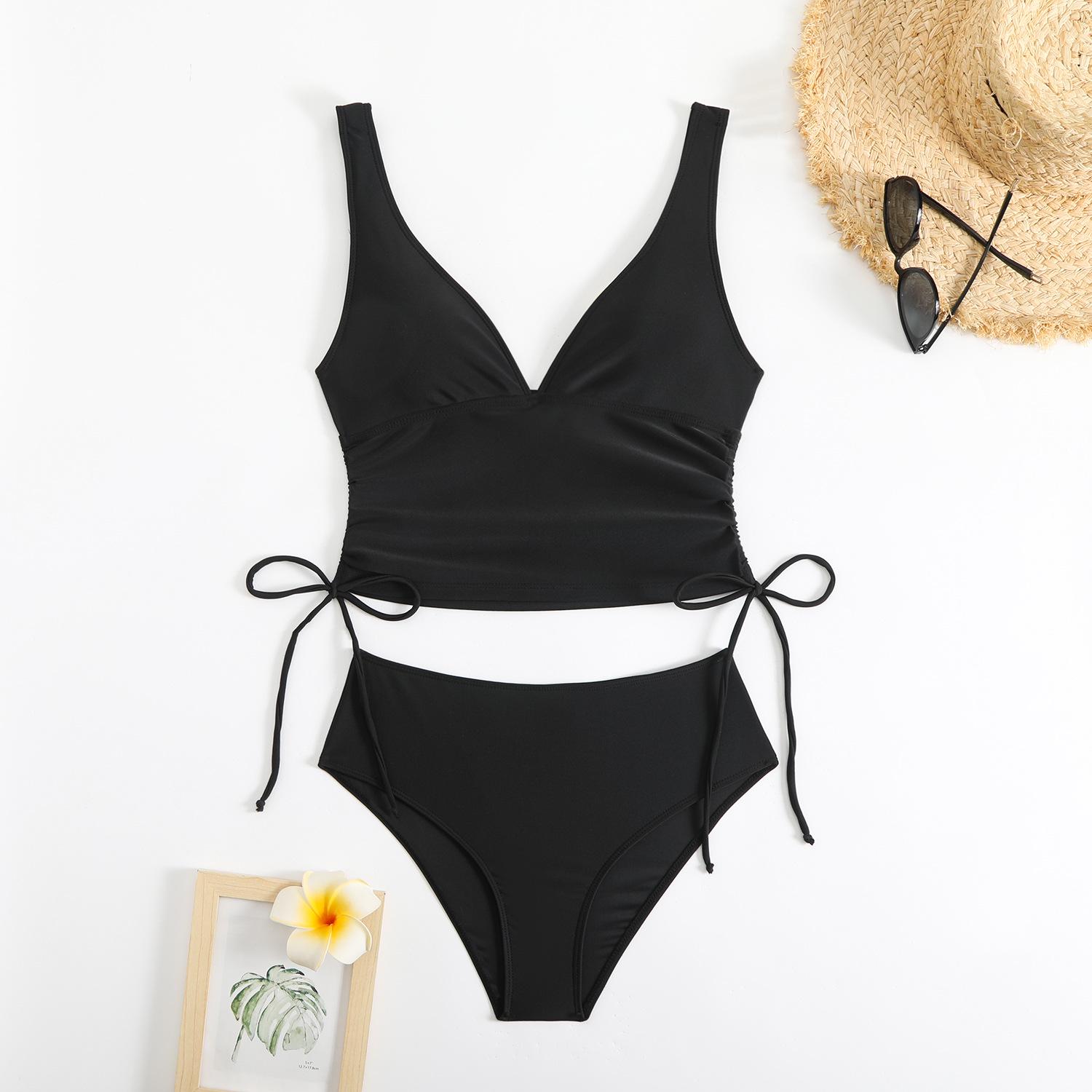 2026 European & American Solid Color Waist-Hugging Women s Two-Piece Bikini Swimsuit S чёрный