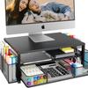 Desk Organizer and Accessories, 2-Tier Computer Monitor Stand Riser with Drawer and 2 Pen Holders, Office Desk Accessories for Office Supplies, Black