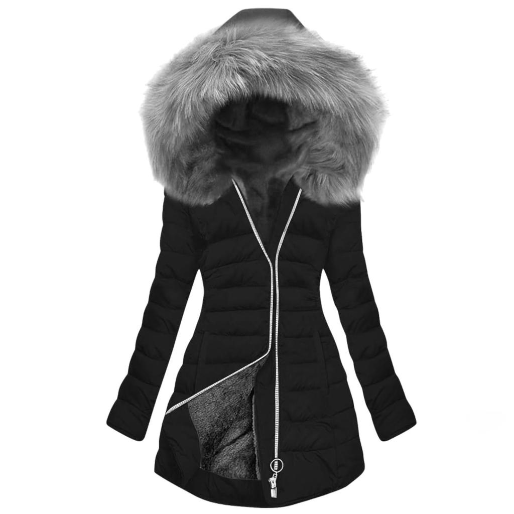 Women's Fashion Winter Solid Color Long Sleeved Hooded Long Zipper Cotton Jacket Warm Coat Down Jacket