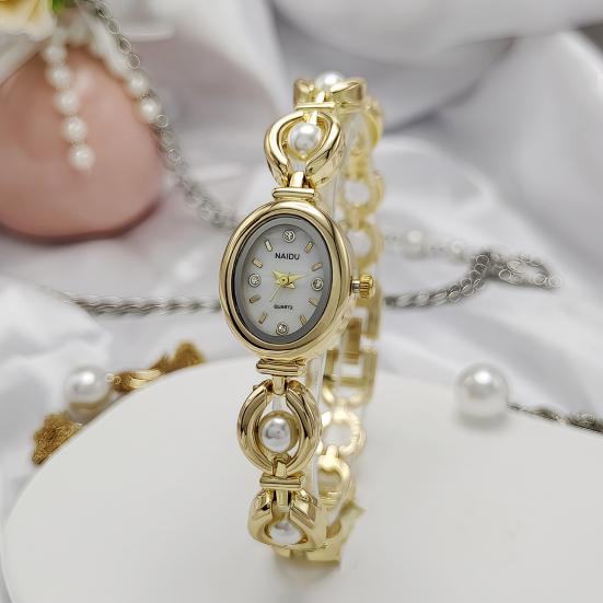 Ladies Bracelet Watch Faux Pearl Oval Dial Watch Women Vintage Quartz Wristwatch Elegant Dress Watch for Party Date