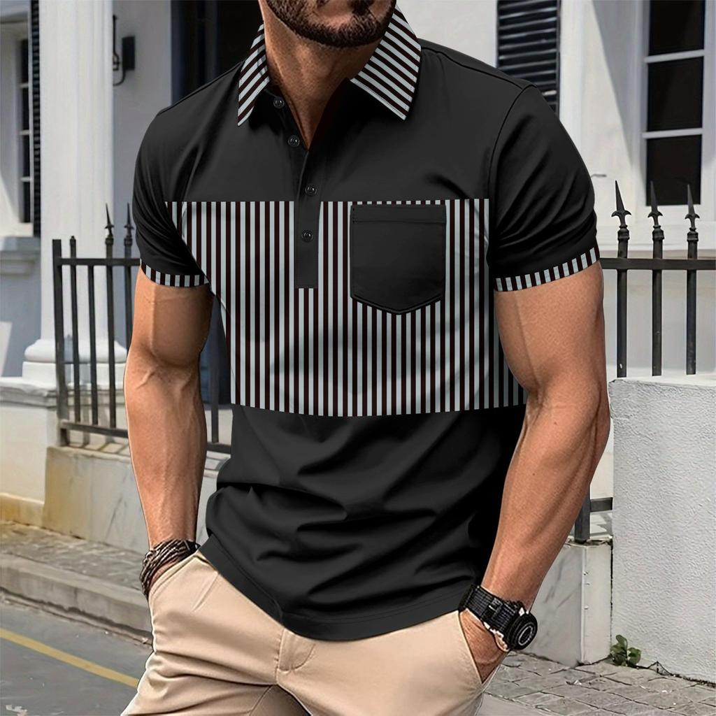 New men's casual POLO shirt pockets buttons long placket lapel striped matching colour splicing T-shirt tops
