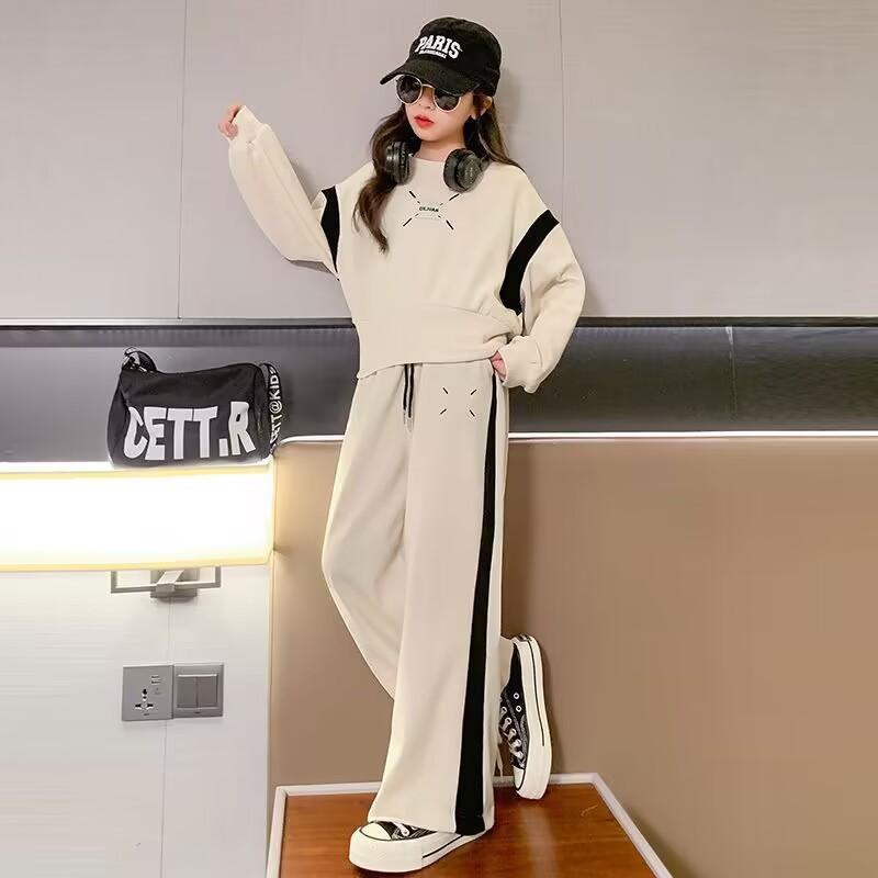 Tuta Sportiva Casual da Ragazza Abbigliamento Primavera e Autunno Bambini Junior Moda Coreana Top con Cuciture Pantaloni Lunghi Set 2 Pezzi 3-15A