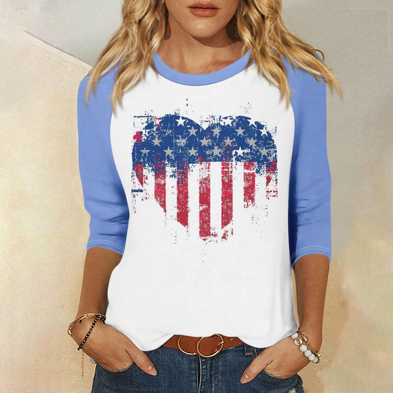 

Рубашка для женщин, модная повседневная рубашка с рукавами реглан, круглым вырезом, рукавом 3/4, свободная футболка с принтом на День независимости, женский топ S