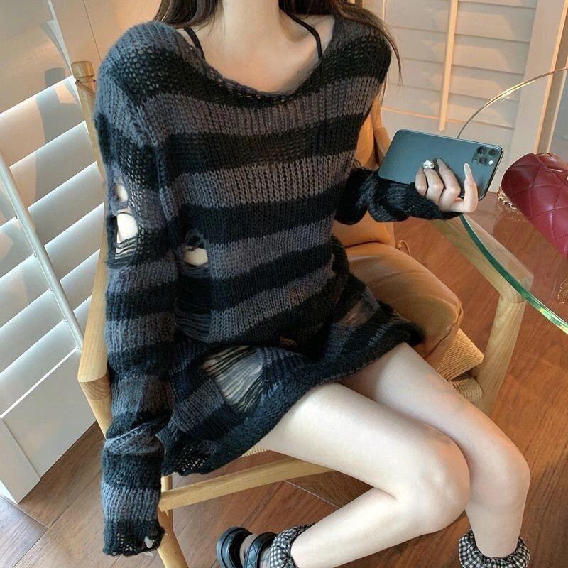 Ripped Striped Korean Sweater - Unisex, Color Block Knitwear