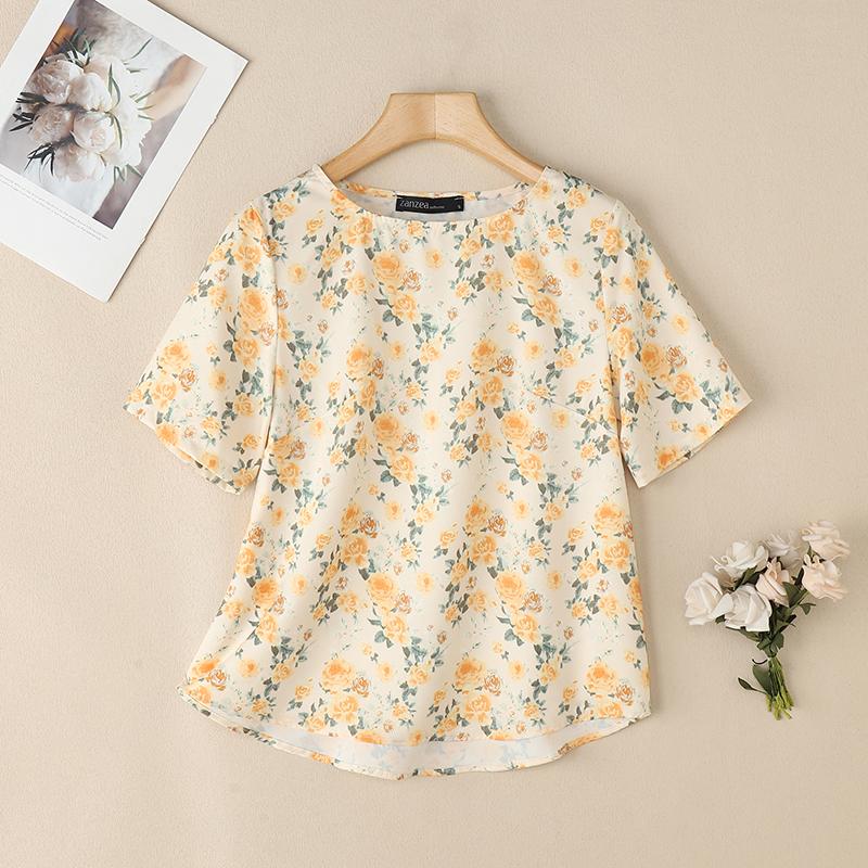 

ZANZEA Women Casual Round Neck Half Sleeve Floral Print Blouses жовтий