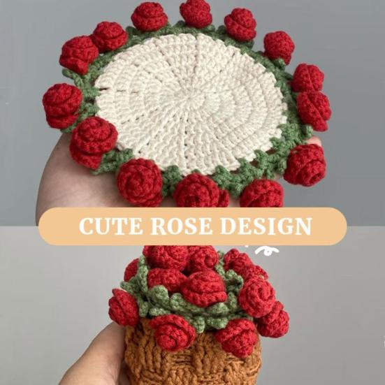 Crochet Flower Coasters Handmade Vintage Bouquet Knitted Rose Flower Decorative Coasters Anti-scald Table Mats Without Flower Pot