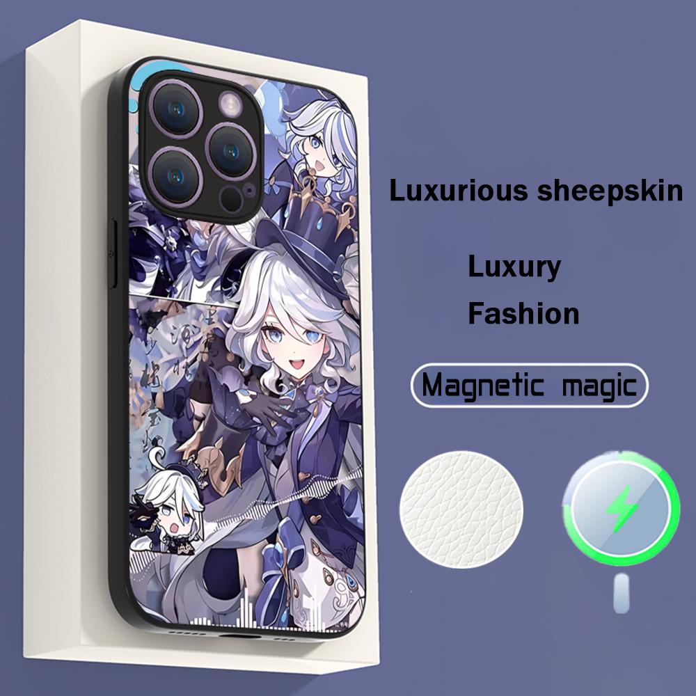 Genshin Furina game girl pattern Phone Case For iPhone 16 15 14 13 12 11 Plus Pro Max High-end Luxury Magsafe Sheepskin