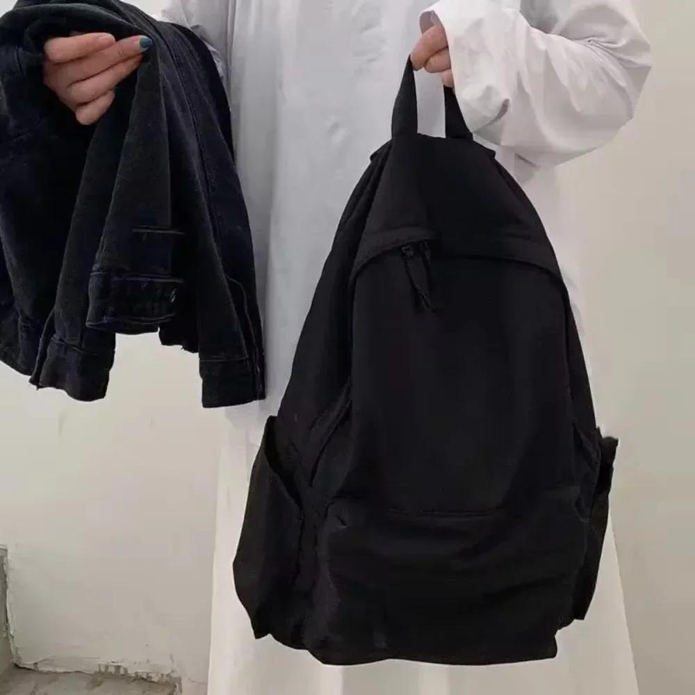 Rucksäcke Damen Einfarbig Schwarz Rucksack mit großer Kapazität Trendiger Harajuku Lässig Reißverschluss Wasserdichte Tasche Studenten Japanischer Stil Mochila