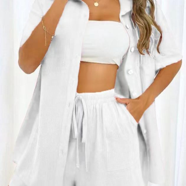 

Женский однотонный комплект с шортами и футболкой с коротким рукавом - Повседневный свободный костюм-двойка 2XL белый