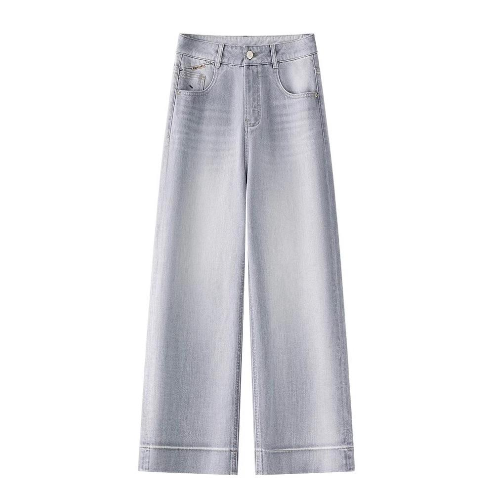 Gray High-Waisted Slimming Petite Wide-Leg Jeans for Women, Nine-Point Length, Perfect for Autumn and Spring 2025