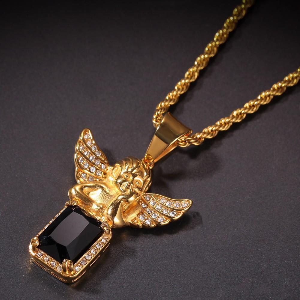 Hip Hop Gumeng Stainless Steel Real Gold Electroplating Wings Angel Pendant Necklace Niche Accessories