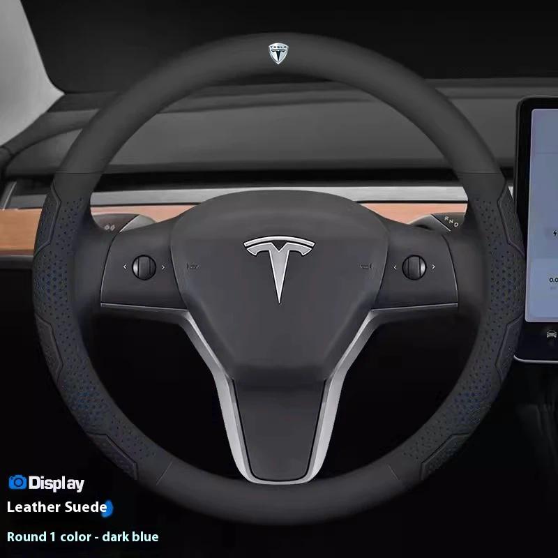 ALM1 Tesla Model 3 Y S Model X Roadster Car Carbon Fiber Suede Leather Anti-slip Breathable Car Steering Wheel Cover Auto Accessories