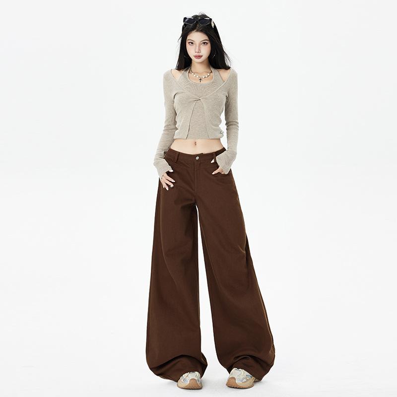 American retro high waist loose wide leg pants versatile drape flared pants spring jeans women's new coffee trousers