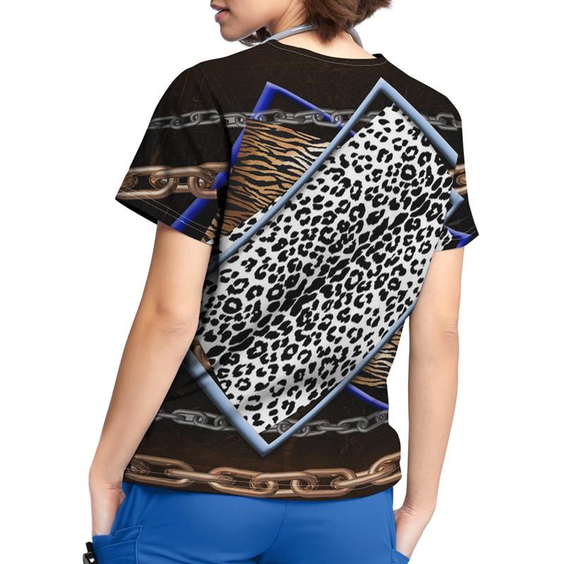 Women Short Sleeve V Neck Cartoon Pattern Tops Working Uniform T-shirts