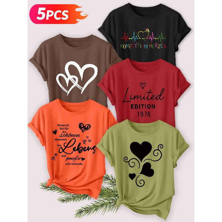 Five-piece set Elegant short-sleeved shirt for women Heart-shaped German series printed round-neck women's short-sleeve shirt suitable for spring and