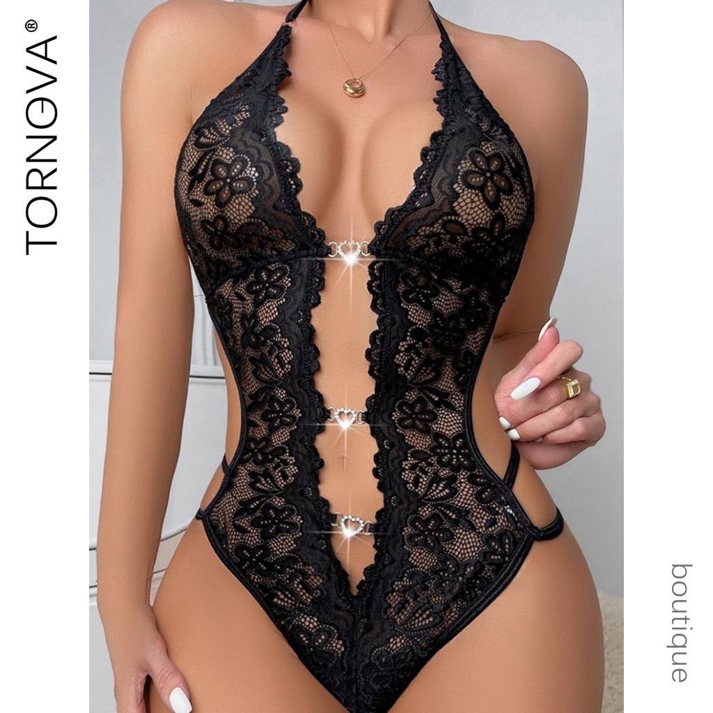 Tornova Sexy Lingerie Lace Patchwork Mesh See-through Halter Jumpsuit Navel Exposed Temptation Diamond Lace Women's Underwear