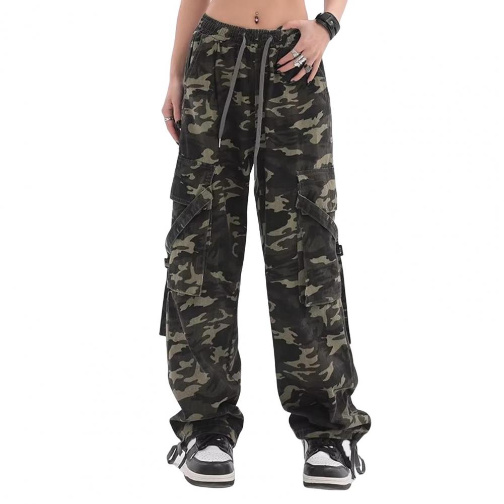 Women Cargo Pants Camouflage Print Multi Pockets Lace-Up Detail Long Pants Straight Wide Leg High Street Pants