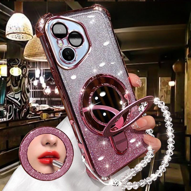 For Huawei Honor 400 Lite 300 Ultra 200 100 90 Pro Case Glitter Plating Makeup Mirror Magnetic Phone Holder Bracelet Cover