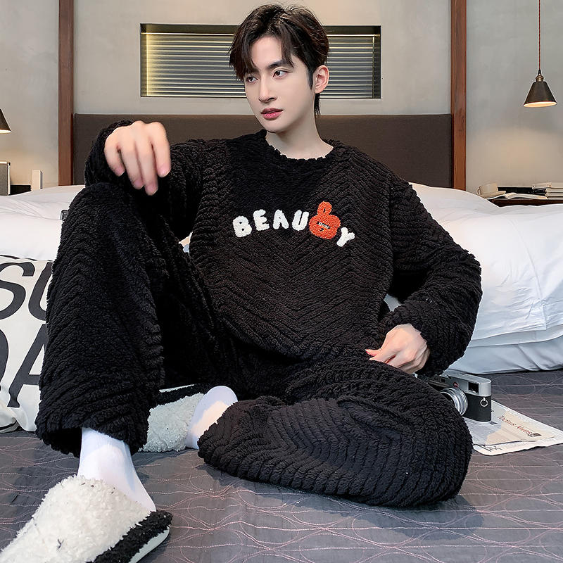 Fashion Winter Flannel Sleepwear For Men 2 Pieces Set Pijamas Male Coral Fleece Warm Pjs Nightwear Pyjamas Homme