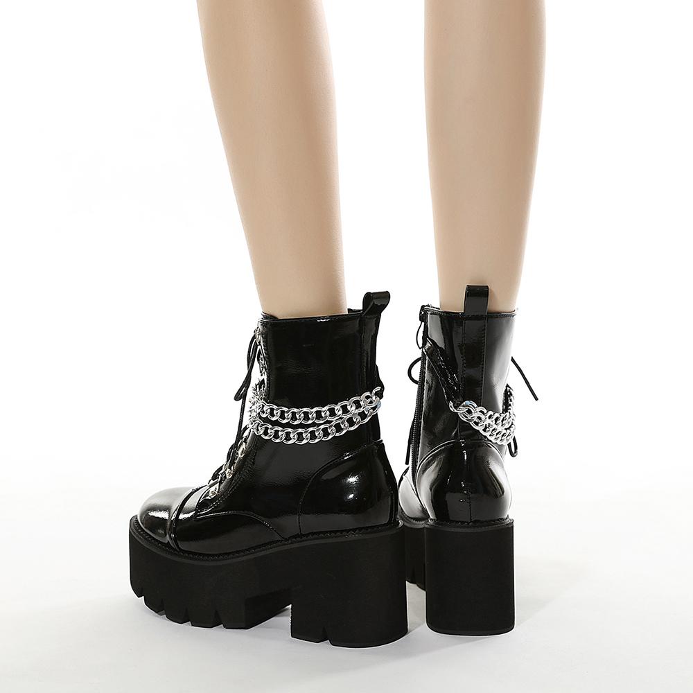 Gothic Black Boots for Women Sexy Chain Chunky Heel Platform Boots Female Punk Style Ankle Boots Zipper